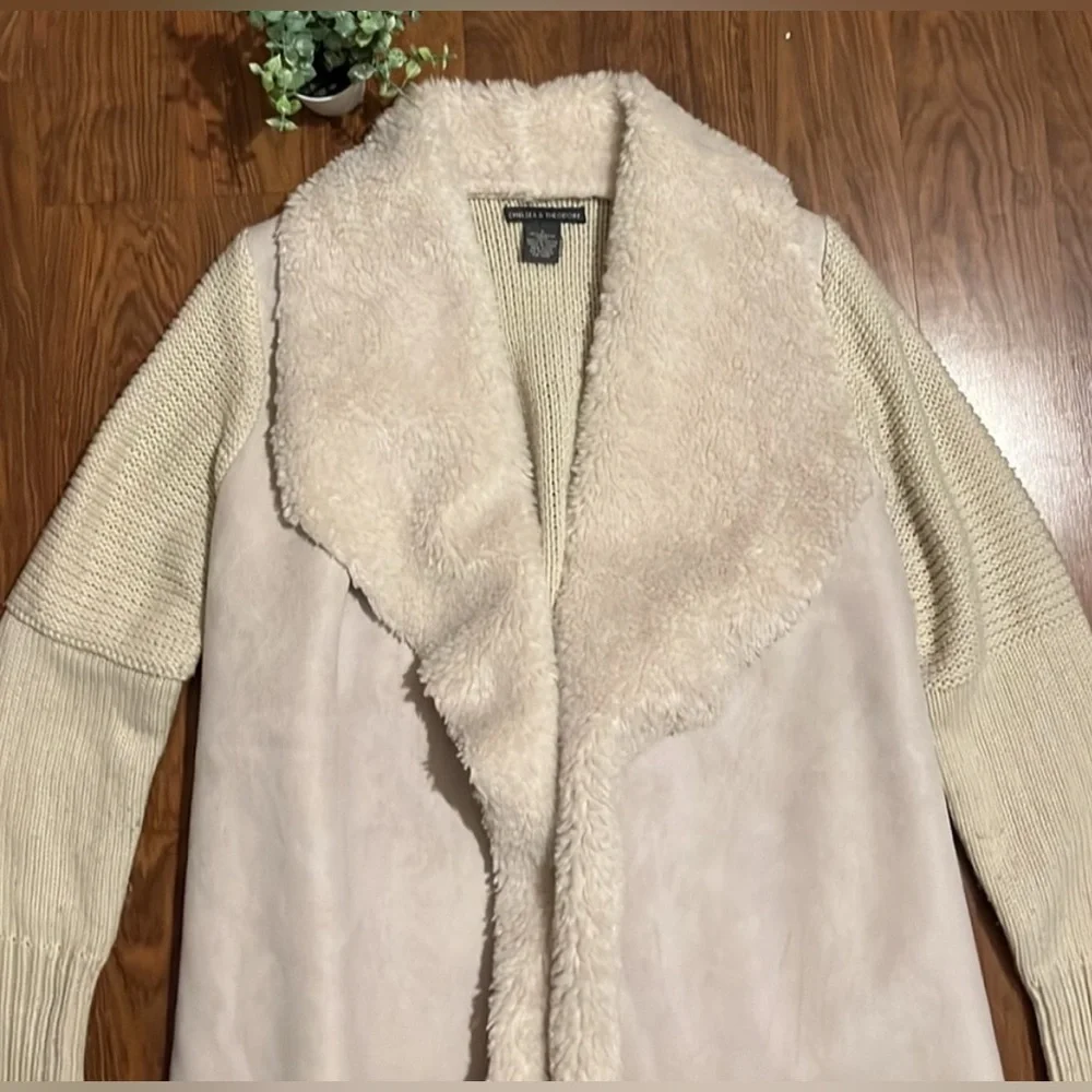 Chelsea and Theodore Suede Faux Fur Open Front Cardigan Sweater Jacket Size L - Picture 2 of 3